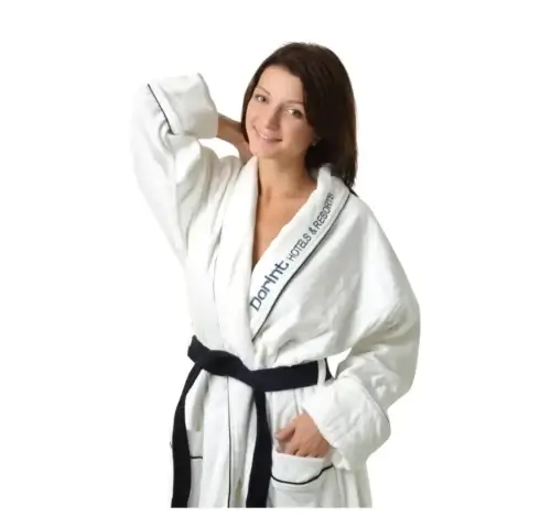 White hotel terry bathrobe with classic embroidered logo for wellness and spa